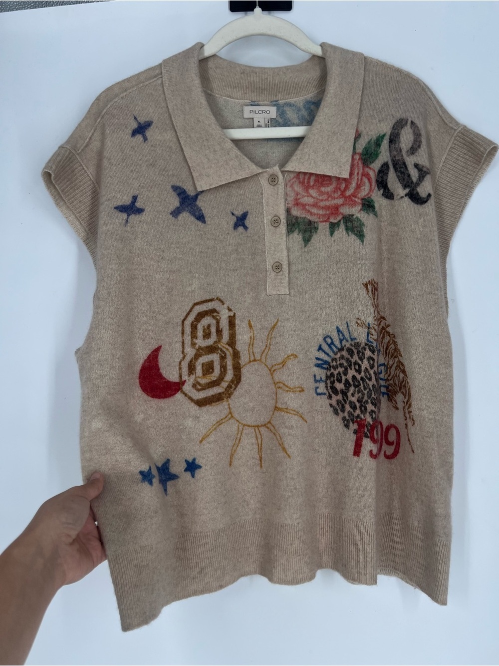 Pilcro 100% Cashmere Colorful Graphic Printed Cream Knit Sweater Vest XL - Picture 2 of 8